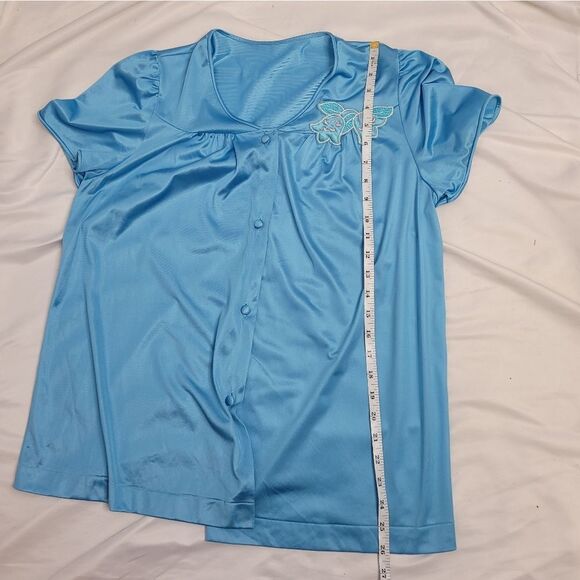 VINTAGE 80s pajama set teal embroidered floral short sleeve nylon lightweight L - Picture 9 of 9